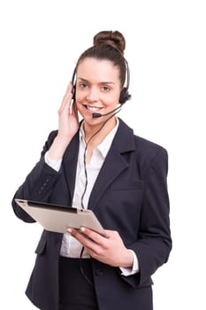 A friendly telephone operator smiling isolated over a white background