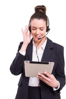 A friendly telephone operator smiling isolated over a white background