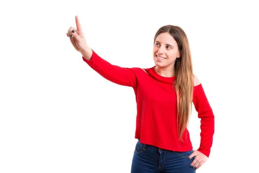 Business woman pressing key, isolated over white