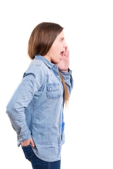 Woman screaming at someone, isolated over a white background