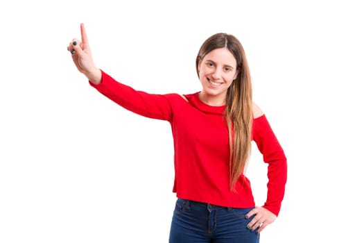 Business woman pressing key, isolated over white