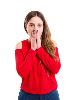 Surprised young woman isolated over white background