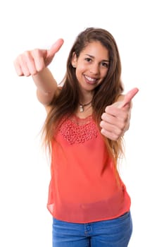 Beautiful young woman signaling ok, isolated over white