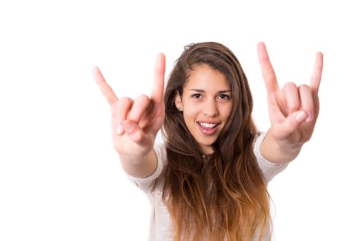 Happy beautiful young casual woman, isolated over white