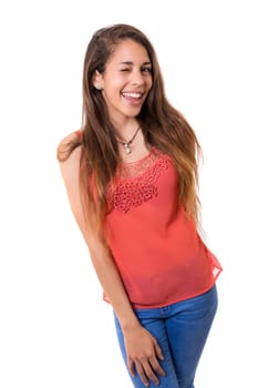 Pretty happy woman winking - isolated over white background