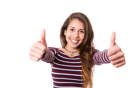 Beautiful young woman signaling ok, isolated over white