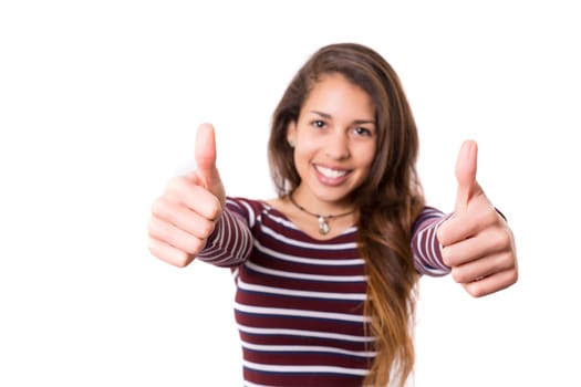 Beautiful young woman signaling ok, isolated over white