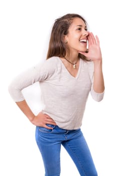 Woman screaming at someone, isolated over a white background