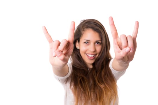 Happy beautiful young casual woman, isolated over white