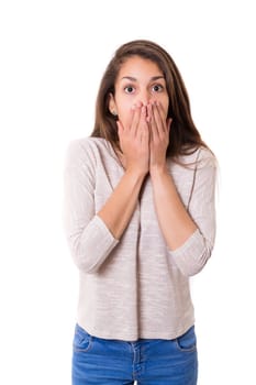 Surprised young woman isolated over white background