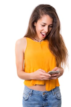 Young beautiful woman at the phone, isolated over a white background