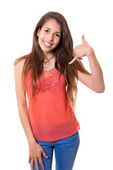 Happy young student making "call me"" sign with hand"