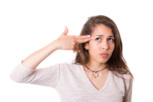 Young student tired of studying for the final exams, isolated over a white background