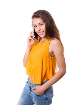 Young beautiful woman at the phone, isolated over a white background