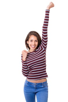 Studio shot: Happy woman with raised arms