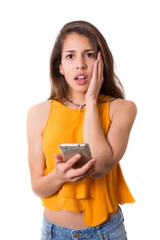 Young beautiful woman at the phone, isolated over a white background