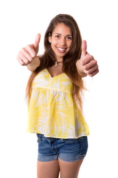 Beautiful young woman signaling ok, isolated over white