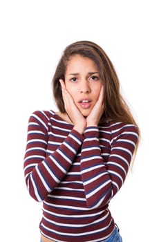 Surprised young woman isolated over white background