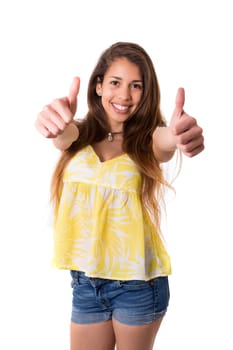 Beautiful young woman signaling ok, isolated over white