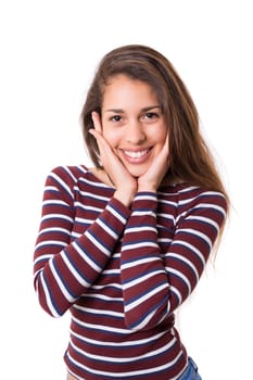 Surprised young woman isolated over white background