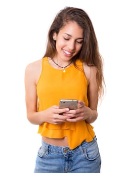 Young beautiful woman at the phone, isolated over a white background