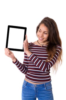 Happy young woman presenting your product in a tablet computer