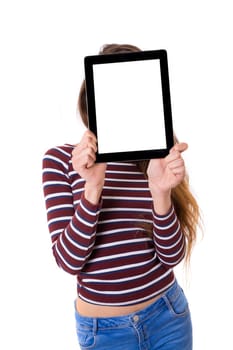 Happy young woman presenting your product in a tablet computer