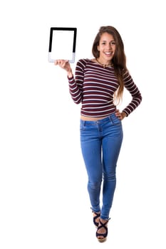 Happy young woman presenting your product in a tablet computer