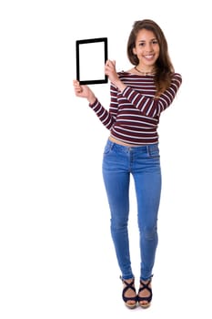 Happy young woman presenting your product in a tablet computer