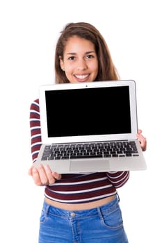Young woman presenting your product in a laptop computer