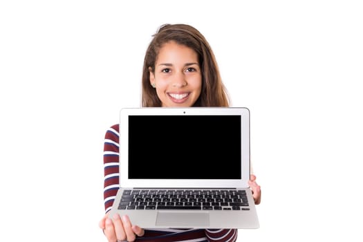 Young woman presenting your product in a laptop computer