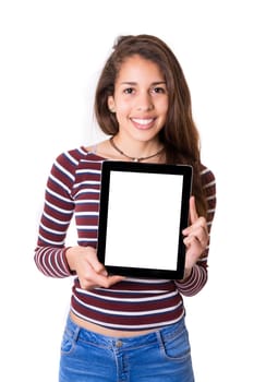 Happy young woman presenting your product in a tablet computer