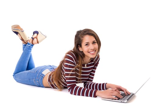 Young student working with her laptop, isolated over a white background