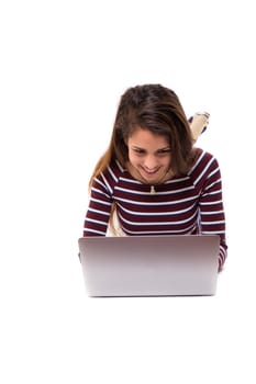 Young student working with her laptop, isolated over a white background