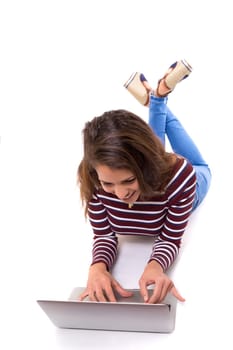 Young student working with her laptop, isolated over a white background