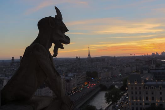 The Chimeras of Notre Dame watching the sunset in Paris