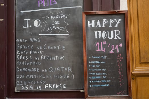 Paris, France : August 13, 2016 - Menu board outside a french restaurant in the marais district of paris france