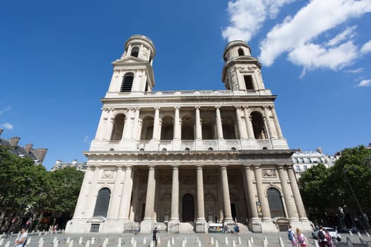 PARIS, FRANCE -12 AUGUST 2016- The Eglise Saint-Sulpice is a Roman Catholic church located in the 6th arrondissement of Paris near the Rue Bonaparte and the Luxembourg Gardens.