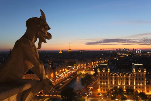 The Chimeras of Notre Dame watching the sunset in Paris