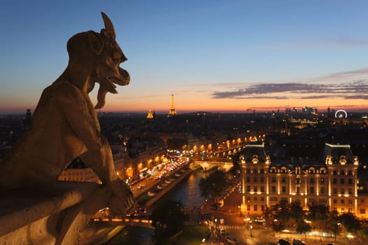 The Chimeras of Notre Dame watching the sunset in Paris