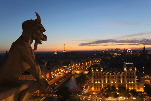 The Chimeras of Notre Dame watching the sunset in Paris