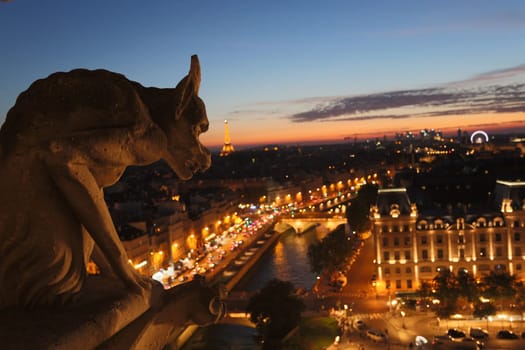 The Chimeras of Notre Dame watching the sunset in Paris