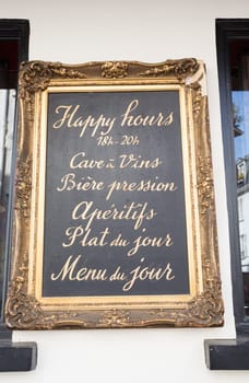Paris, France : August 13, 2016 - Menu board outside a french restaurant in the marais district of paris france