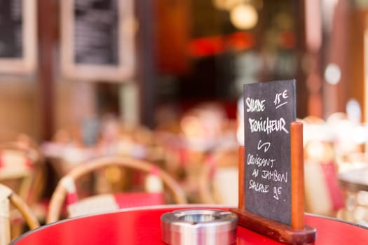 Paris, France : August 13, 2016 - Menu board outside a french restaurant in the marais district of paris france