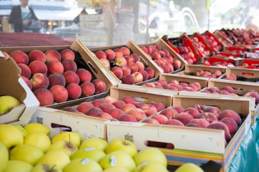Peaches in the market at Rue Mouffetard in Paris