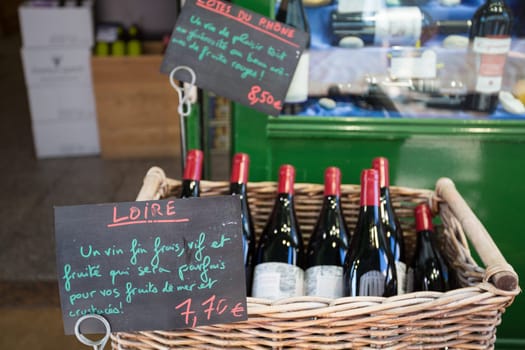 French wine on sale at the market of Rue Mouffetard