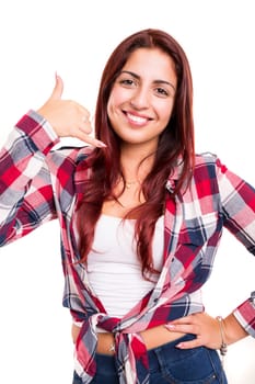 Happy young student making "call me"" sign with hand"