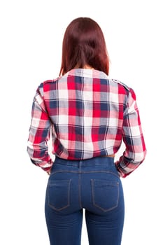 Woman posing with her back faced to camera, isolated over copy space background