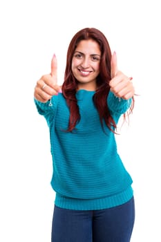 Beautiful young woman signaling ok, isolated over white
