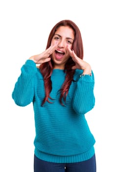 Woman screaming at someone, isolated over a white background